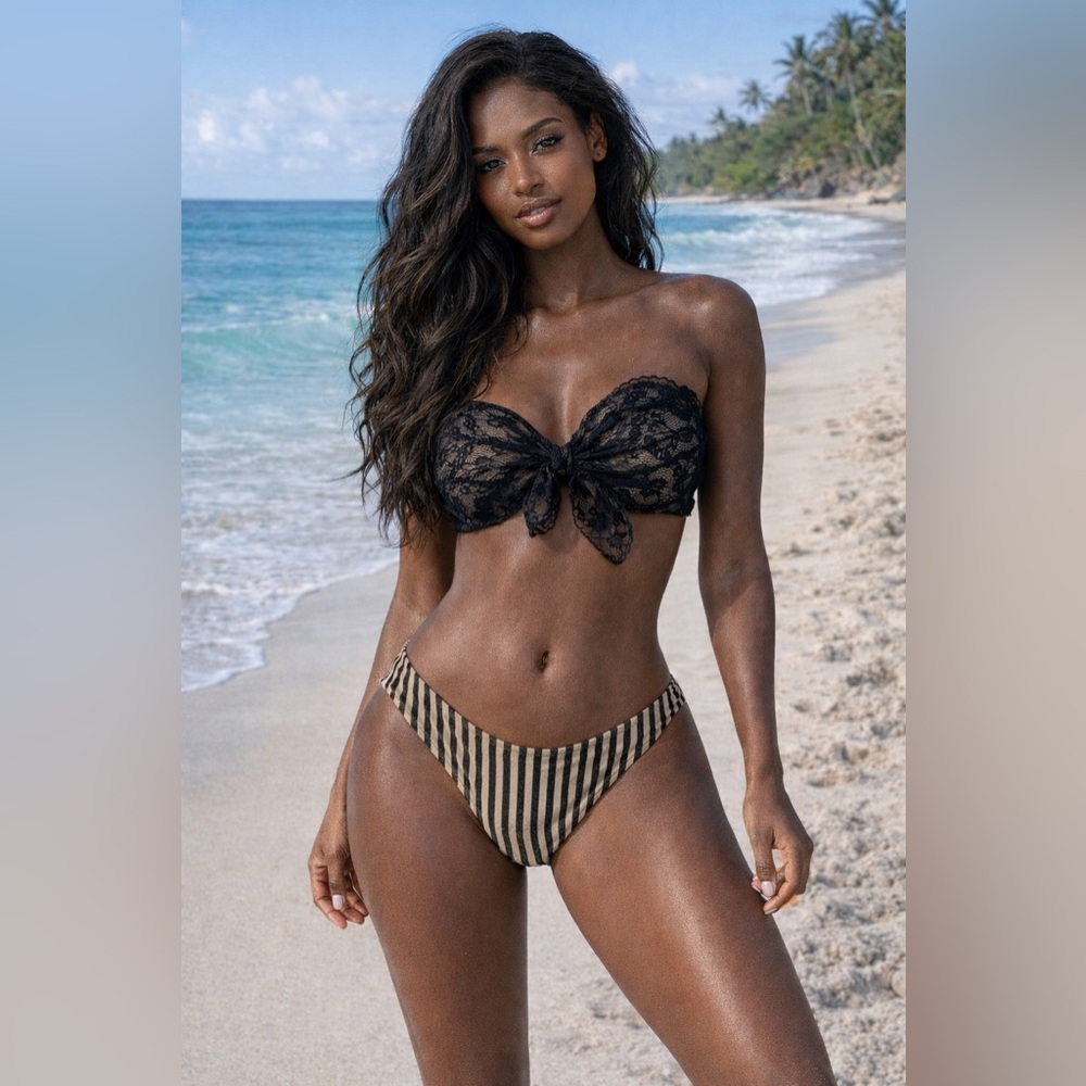 PilyQ Barcelona Lace Bikini Black Tan Stripe Swim Set Size Large NWT Luxury